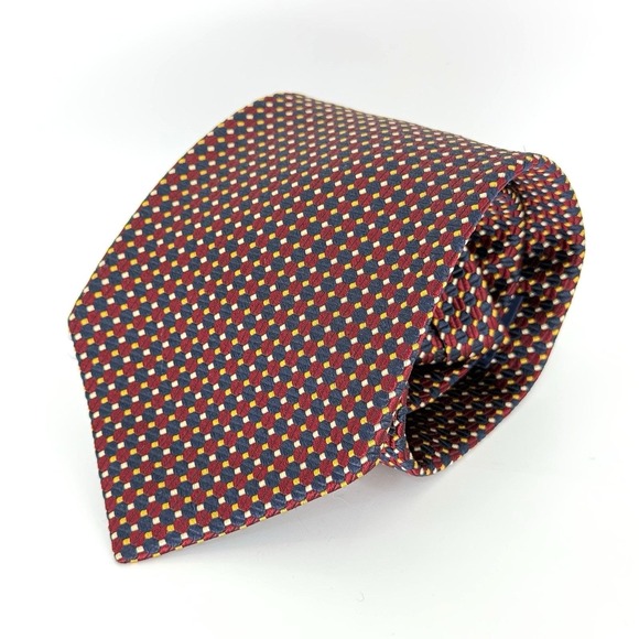 Vintage Lands' End Direct Merchants Men's Long Silk Tie Red Navy Yellow Geometri - Picture 1 of 7
